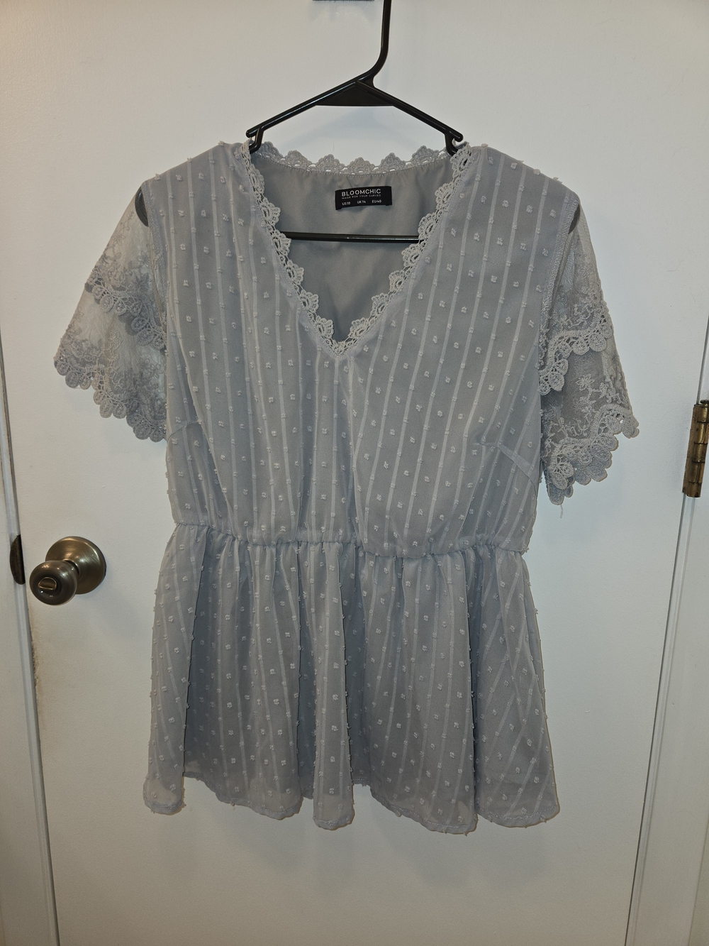 BloomChic Light Gray/Blue Lace-Trim V-Neck Peplum Blouse